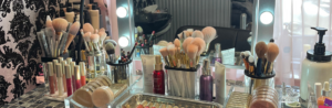 Shows makeup counter at Bella Reina Spa with custom blend makeup