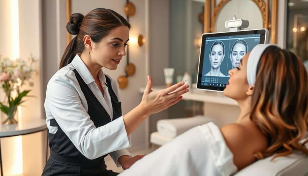 Client receiving consultation for Microneedling 2025 treatment at Bella Reina Spa