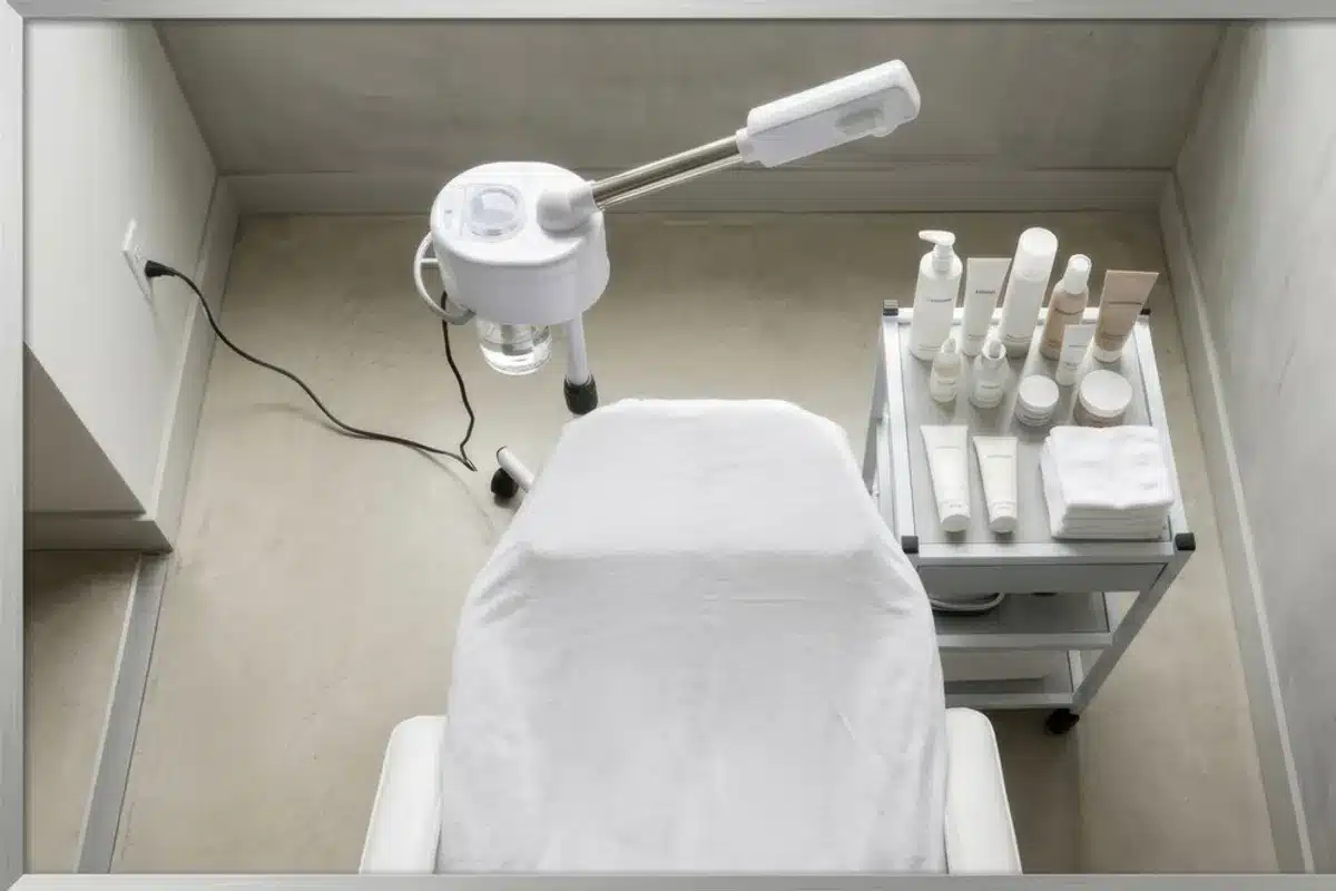 A serene facial treatment room featuring skincare products and equipment to promote relaxation and stress relief.