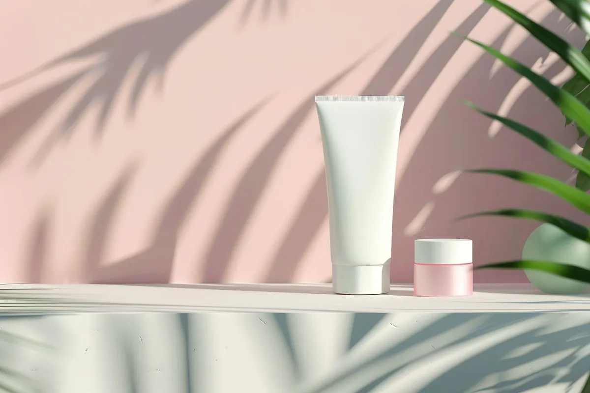A sleek cosmetic setup with natural shadows, reflecting the elegance of a facial spa environment.