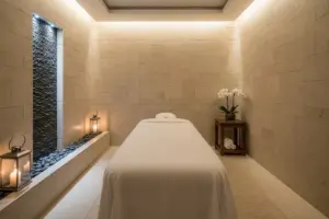 A tranquil spa treatment room featuring a massage table and orchids, reflecting the calming environment for oncology facials.